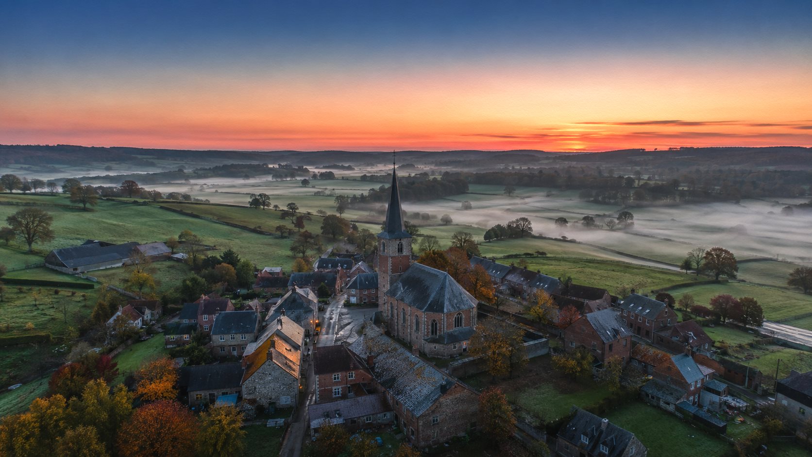 Vue aérienne par drone d'un village de l'Avesnois au petit matin, clocher et bocage dans la brume, Studio Sambre